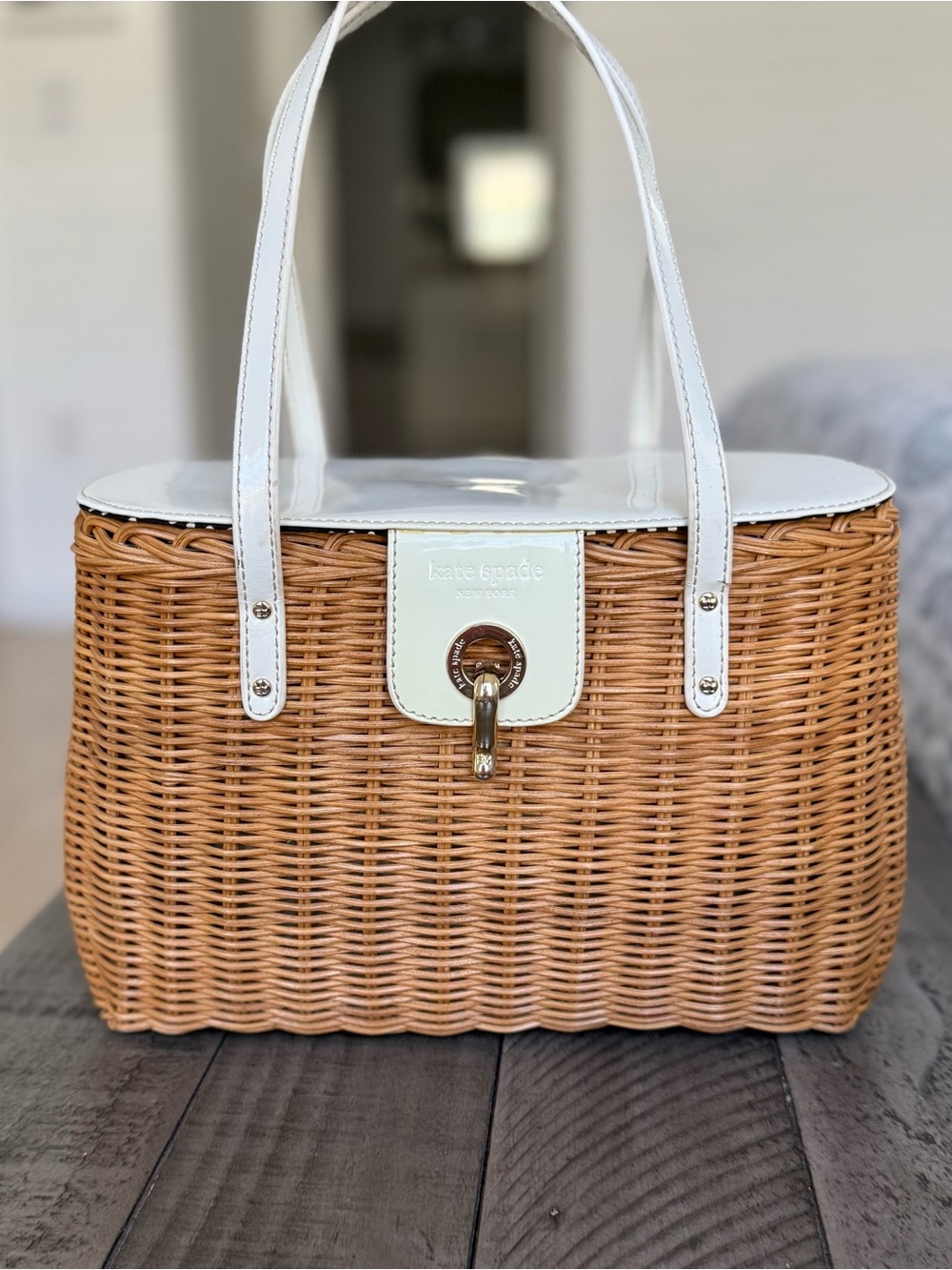 Rare Kate Spade Wicker Picnic Basket Bag White Leather Trim Handbag Tote Purse